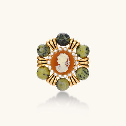 Vintage-style gold plated brooch with a cameo portrait, white bead border and six round green natural stone beads.