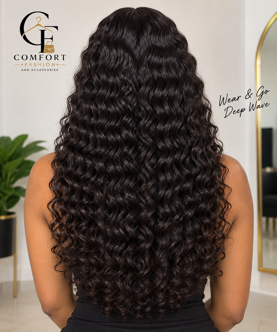 A woman shown from the back wearing a long, deep wave wig with tight curls. The wig is the product being sold, and its color is a very dark brown, almost black.