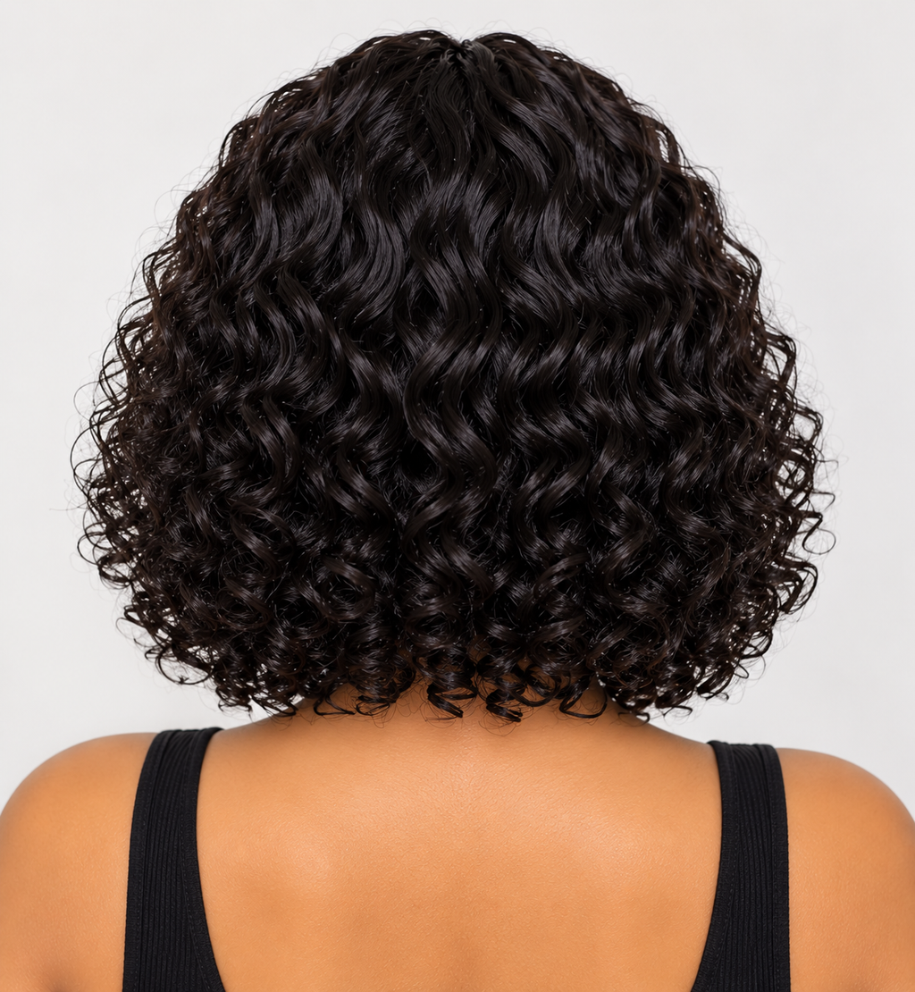 Rear view of a person with a short, dark brown to black curly wig against a light gray background.