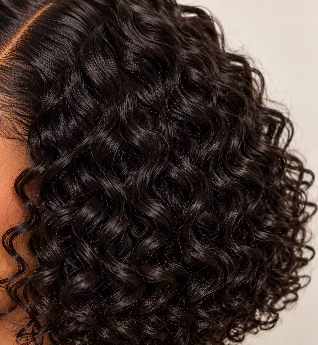 Close-up of a person's head showing the back of a long, dark brown to near-black curly wig with defined ringlets against a light beige background.