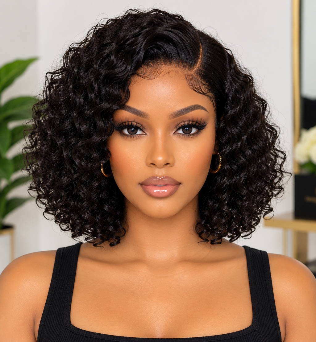 A woman with a short, voluminous, dark brown to black curly wig wearing a black ribbed tank top and gold hoop earrings, shown in a close-up portrait.
