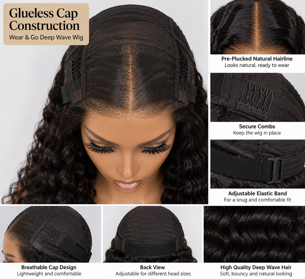 Glueless cap construction deep wave wig shown in a multi-panel infographic. The main panel shows a model wearing the wig, with six inset detail panels highlighting features such as the pre-plucked hairline, secure combs, adjustable elastic band, breathable cap design, back view, and high-quality deep wave hair.