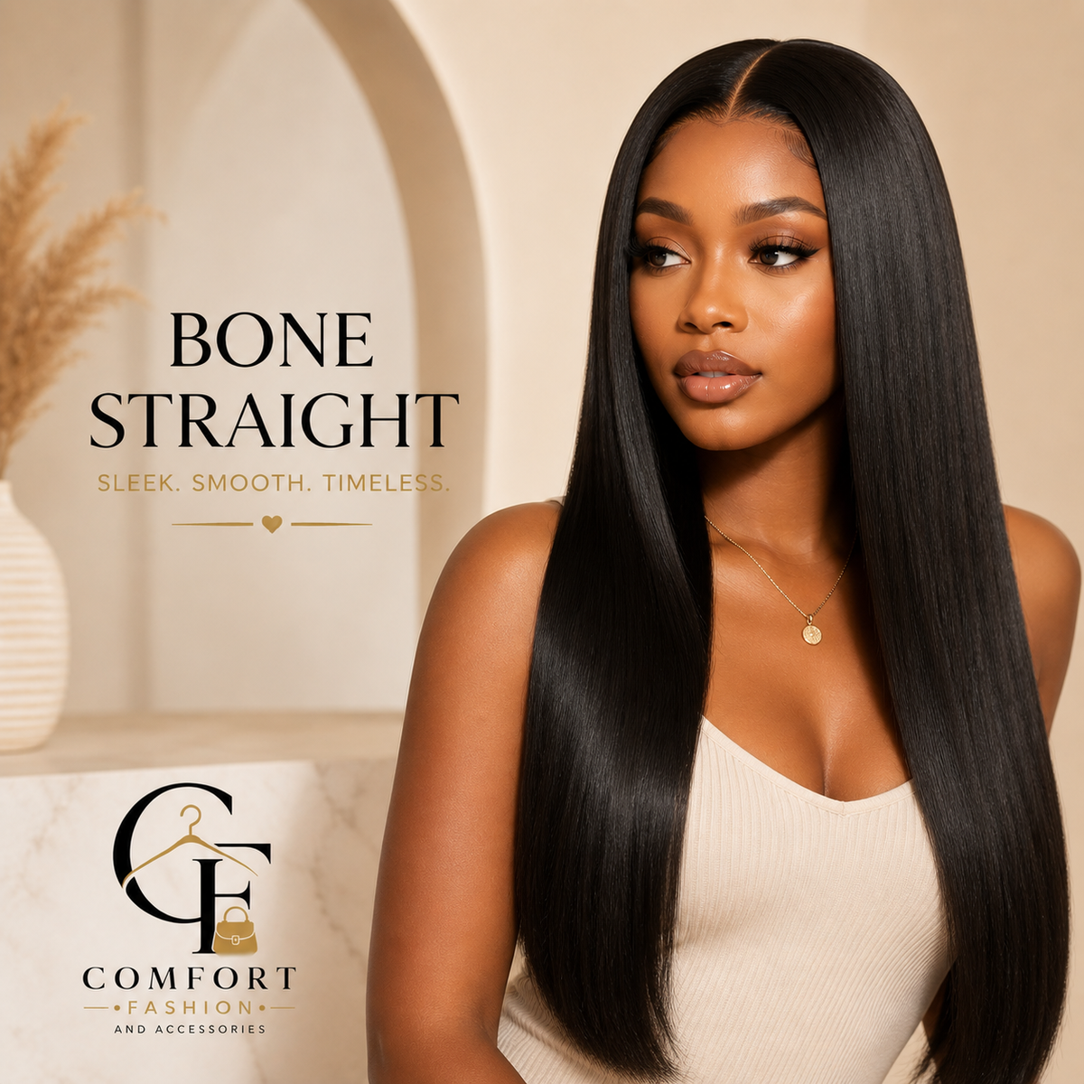 A woman with long, straight, bone-colored hair is shown in a styled indoor setting with text reading 'BONE STRAIGHT' and a Comfort Fashion and Accessories logo. The product appears to be a wig or hair extension, and the image is a promotional lifestyle shot rather than a plain product packshot.