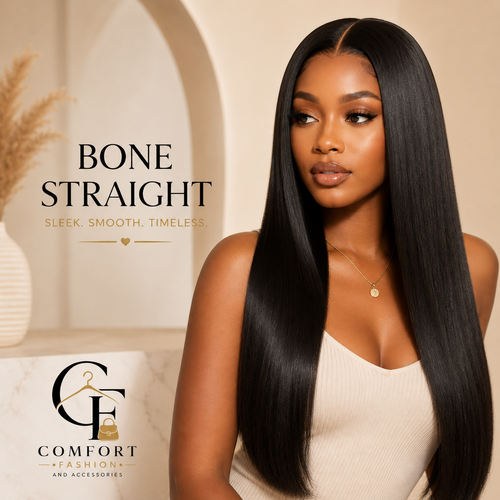 A woman with long, straight, bone-colored hair is shown in a styled indoor setting with text reading 'BONE STRAIGHT' and a Comfort Fashion and Accessories logo. The product appears to be a wig or hair extension, and the image is a promotional lifestyle shot rather than a plain product packshot.