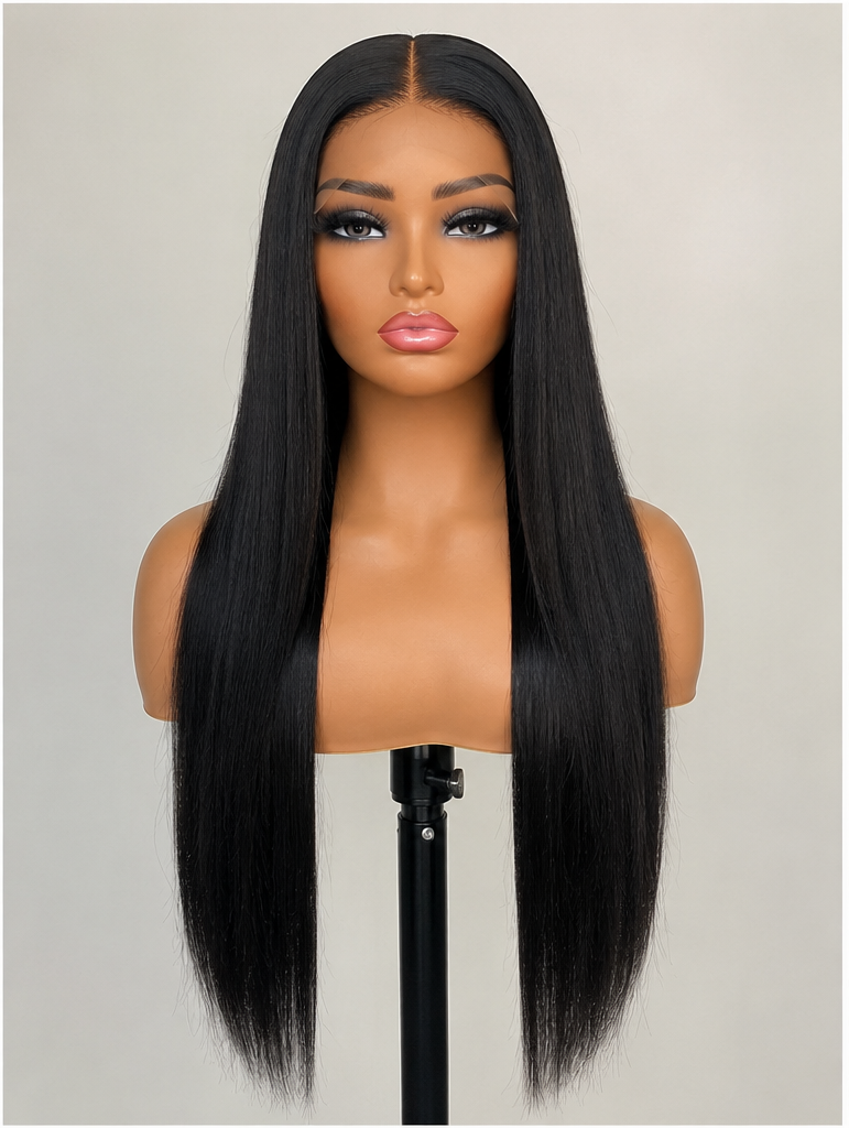 A long, straight black wig displayed on a mannequin head from the front and back against a plain light gray background.
