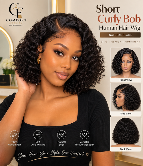 A woman modeling a short curly human hair wig in black, with promotional text reading 'Short Curly Bob Human Hair Wig' and view panels showing front, side, and back angles. The brand logo 'Comfort Wigs' appears in the upper left.