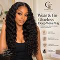 A woman modeling a long, deep wave wig with dark brown to near-black curls. The image includes promotional text and branding for Comfort Classics, with icons highlighting features like glueless wear, deep wave texture, and versatility.
