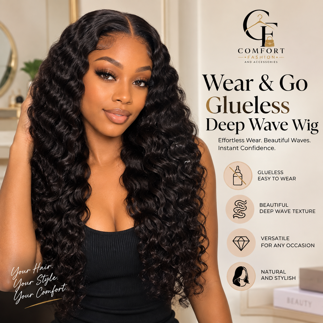A woman modeling a long, deep wave wig with dark brown to near-black curls. The image includes promotional text and branding for Comfort Classics, with icons highlighting features like glueless wear, deep wave texture, and versatility.